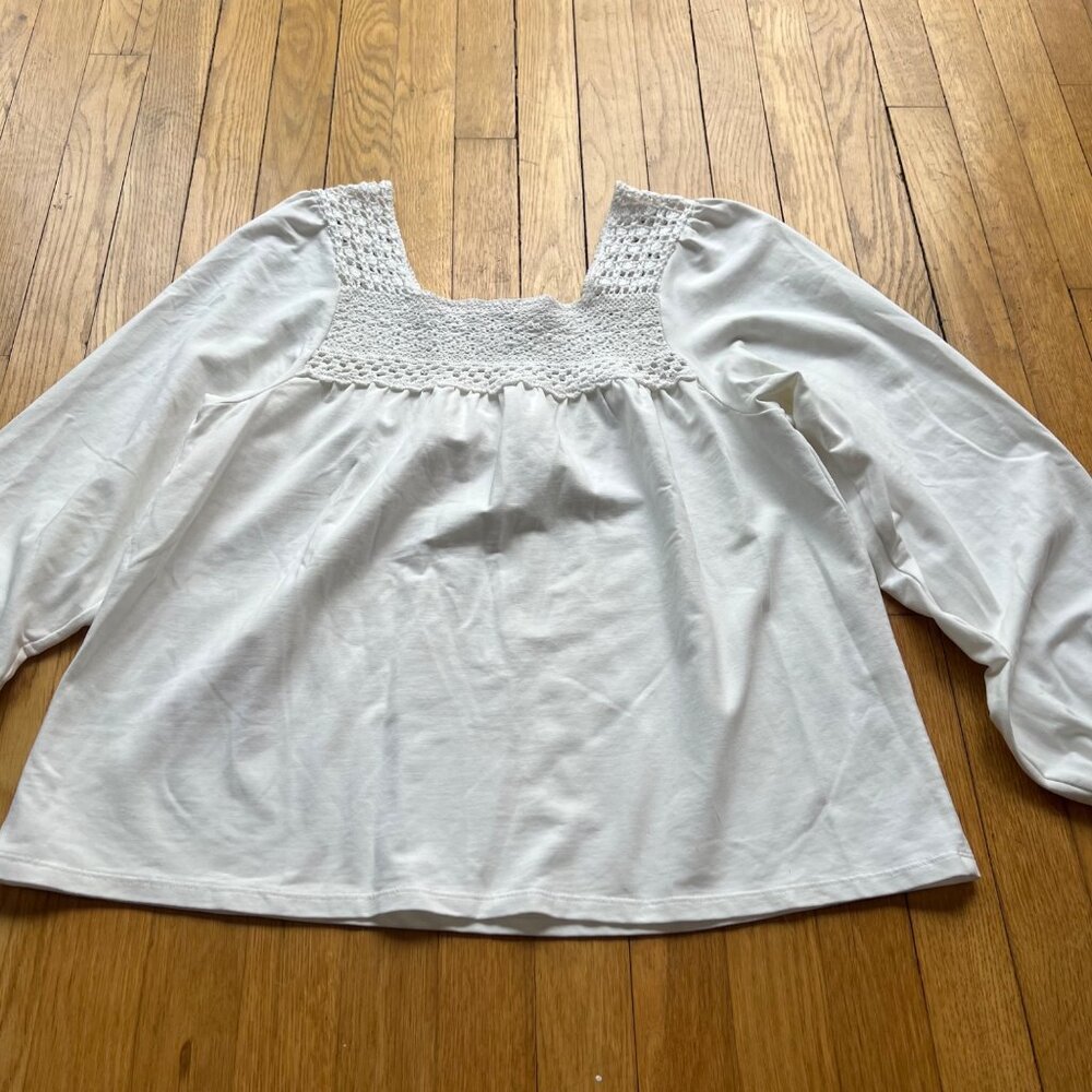 Smocked Crochet Peasant Blouse Hinge Size M White Long Sleeve Square Neck Top - Picture 13 of 16